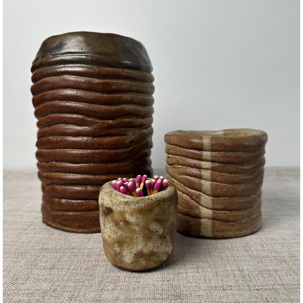 Studio Pottery Vase Vessel Set of 3 Signed BL Brown Ribbed Stoneware
